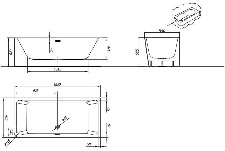 Cada dreptunghiulara, Kolpasan, Elektra-SP-L, montaj pe stanga, 185 x 85 cm, alb