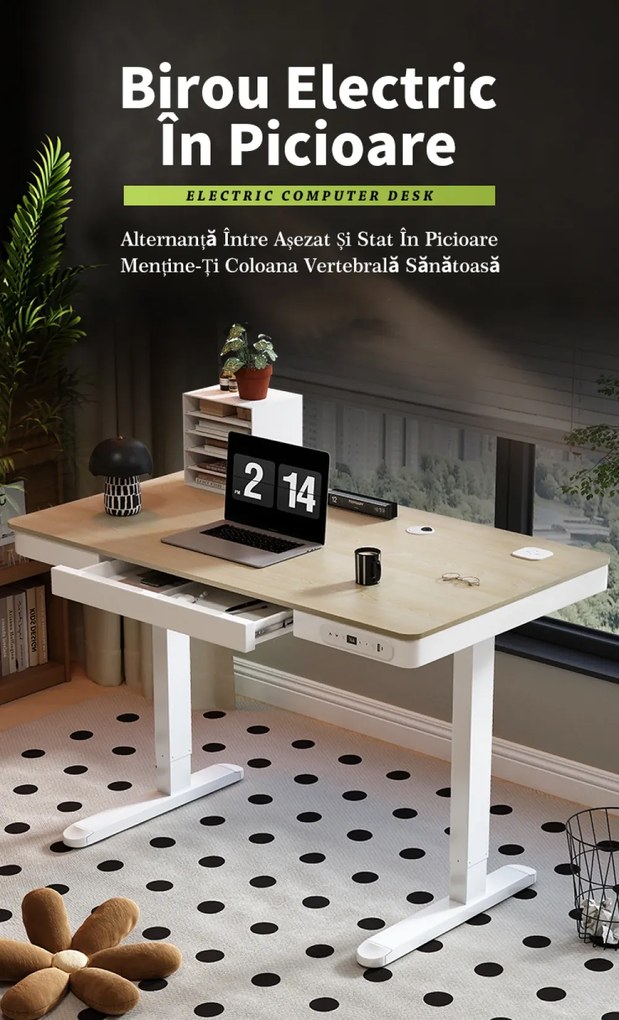 Birou Electric Reglabil pe Înălțime cu Sertar Ascuns, Încărcare Wireless & USB, Senzor de siguranță, 160x60, Negru