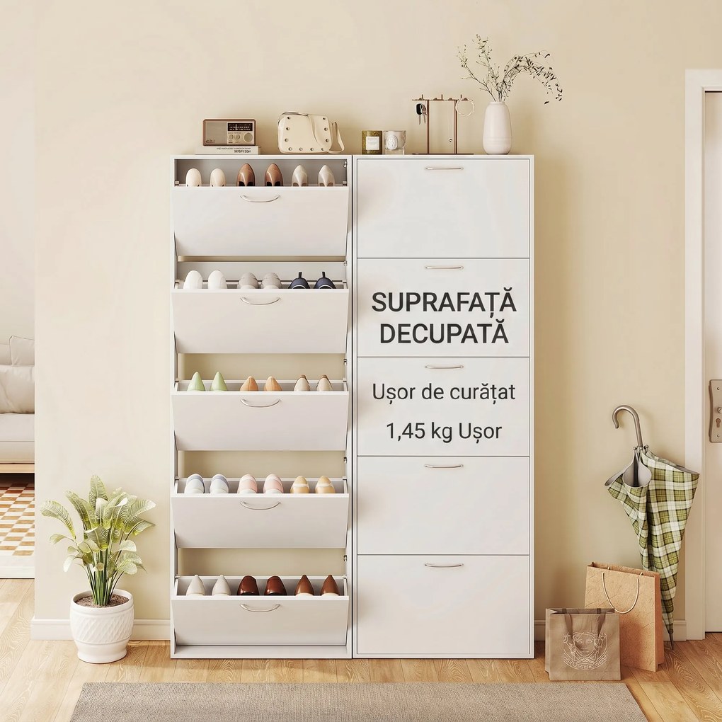 HOMCOM Dulap pentru Pantofi Subțire cu 5 Uși 65x17x180,5 cm în Lemn Alb | Aosom Romania