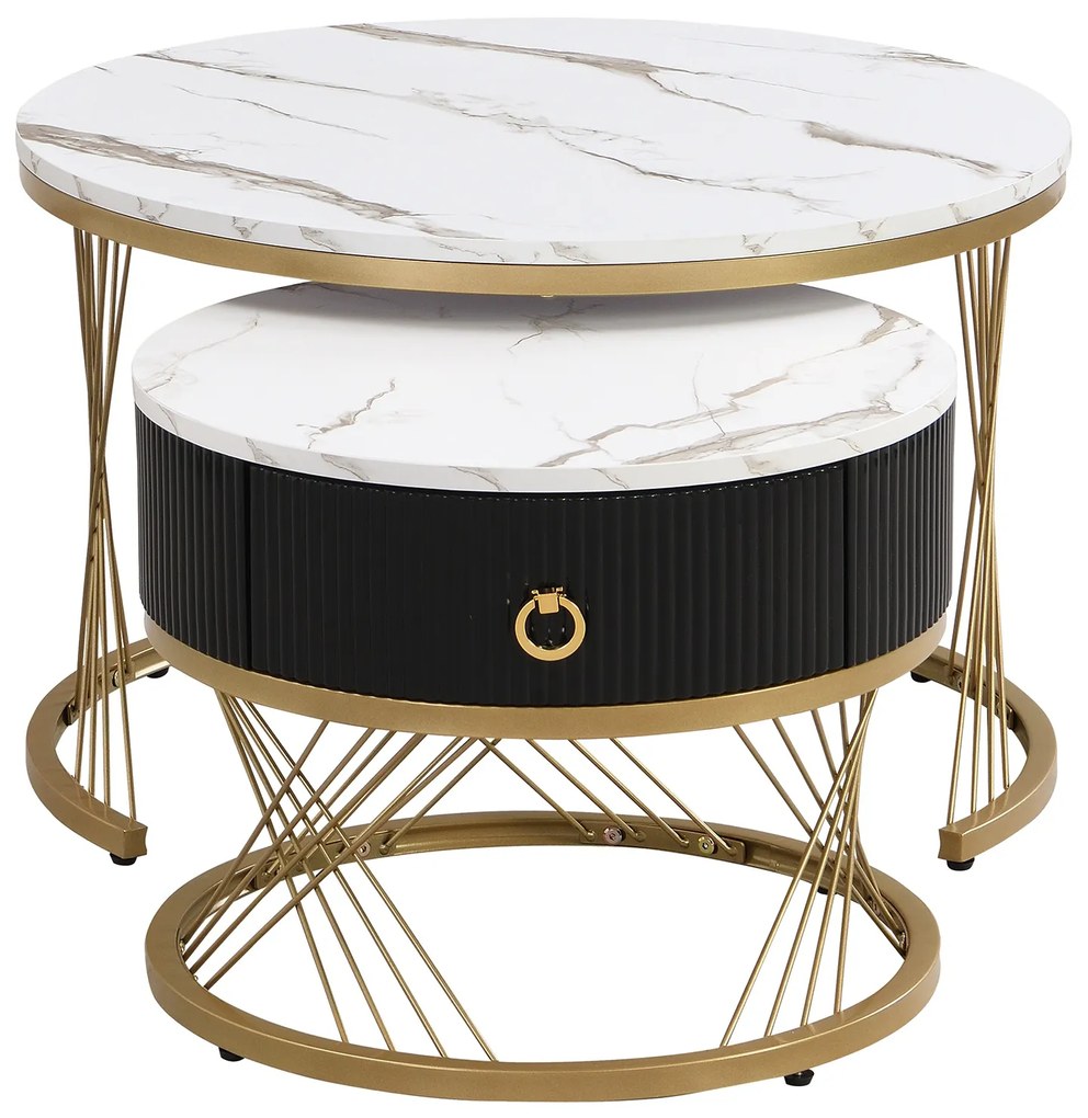 Set de 2 Măsuțe de Cafea Moderne Modulare din Marmură Sintetică cu Detalii Aurii și Sertare, Dimensiuni 70x70x45 cm și 50x50x40 cm, Alb