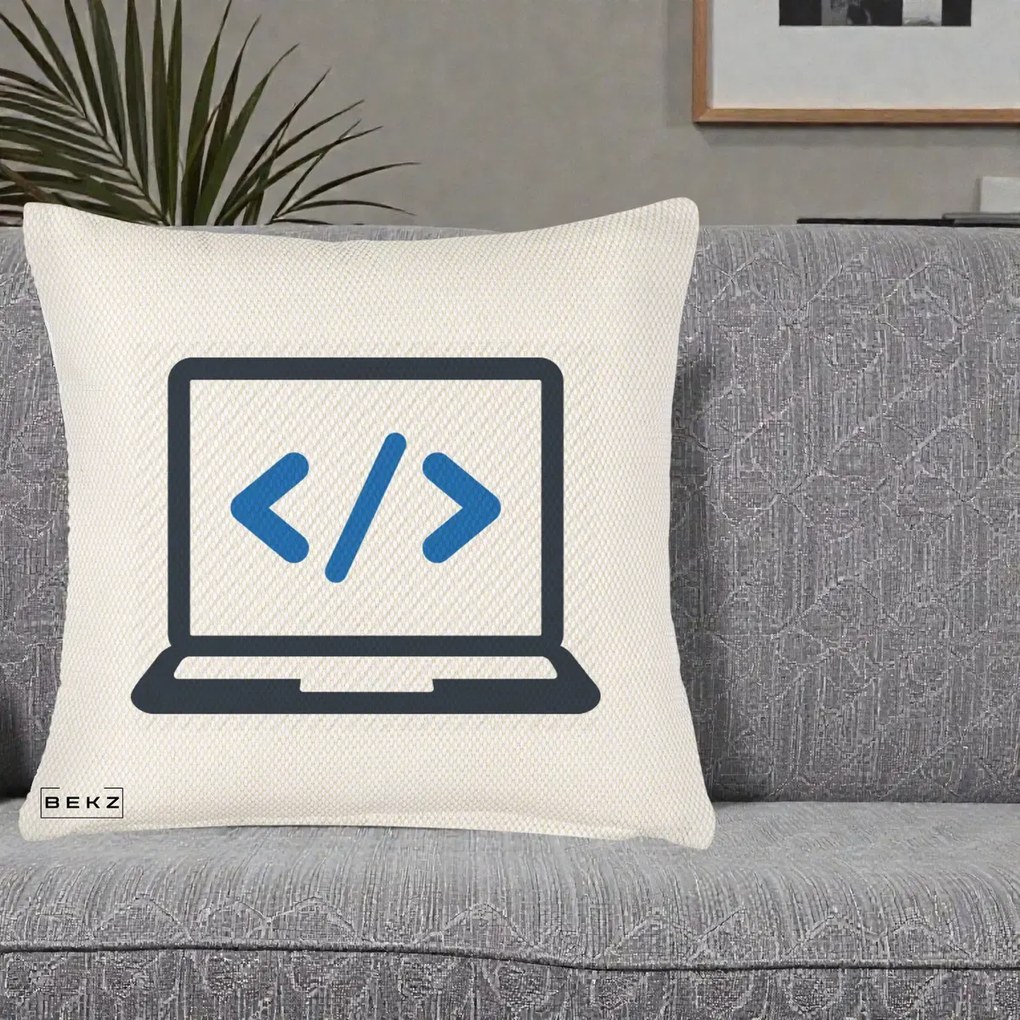 Perna Personalizata Laptop Cod HTML, 40x40 cm, Crem Reliefat, Husa Detasabila, Perna Inclusa, BEKZ®