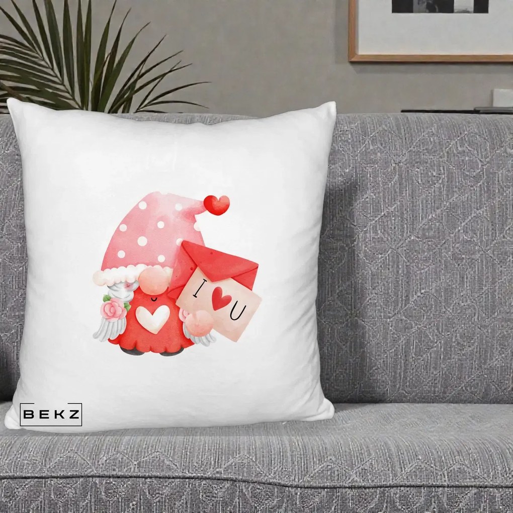 Cadou Romantic - Perna Personalizata I Love You Gnome Valentine cu Scrisoare, 40x40 cm, Alb Pufos, Husa Detasabila, Perna Inclusa, BEKZ®
