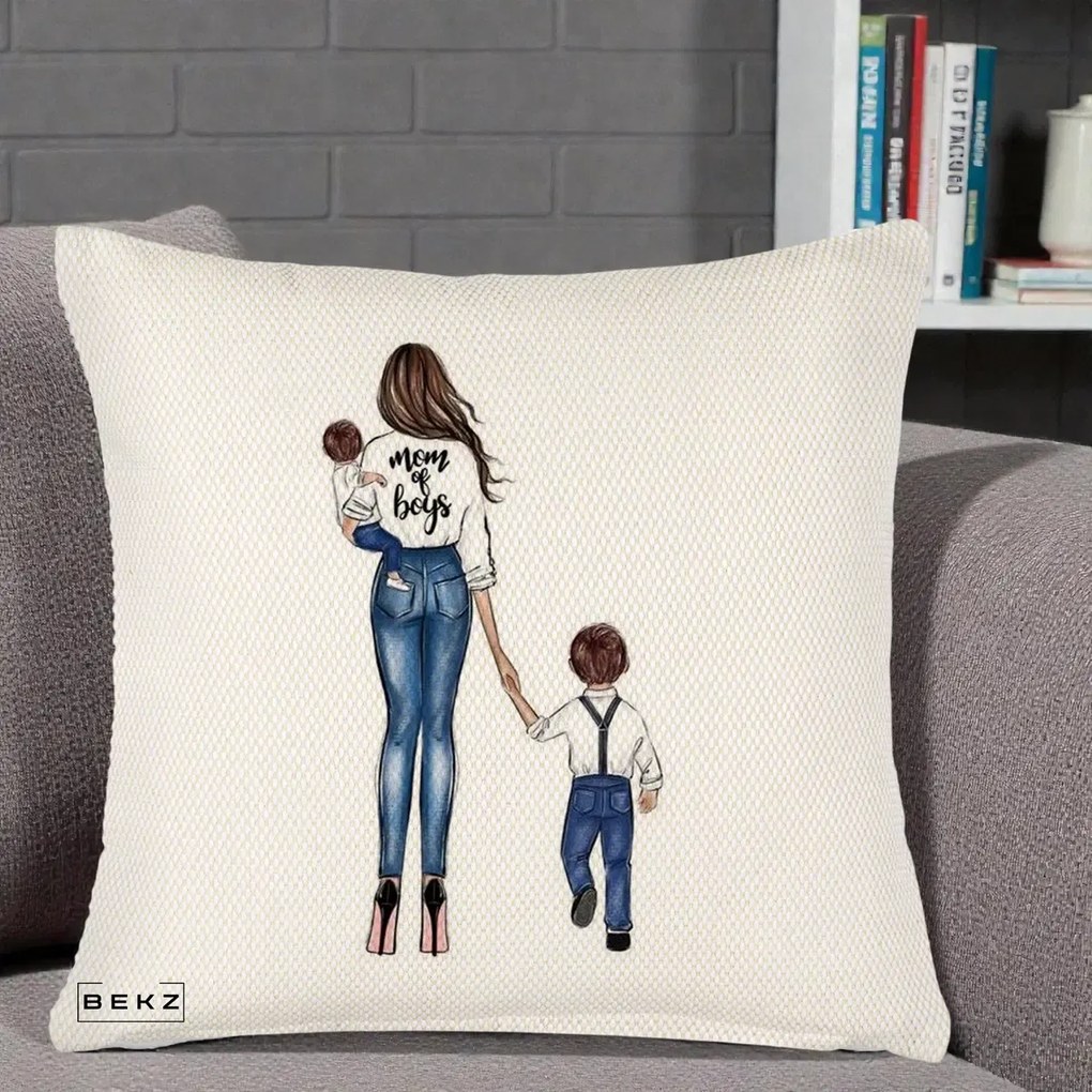 Cadou pentru Mama - Perna Personalizata Mom of Boys Mama cu Baietii, 40x40 cm, Crem Reliefat, Husa Detasabila, Perna Inclusa, BEKZ®