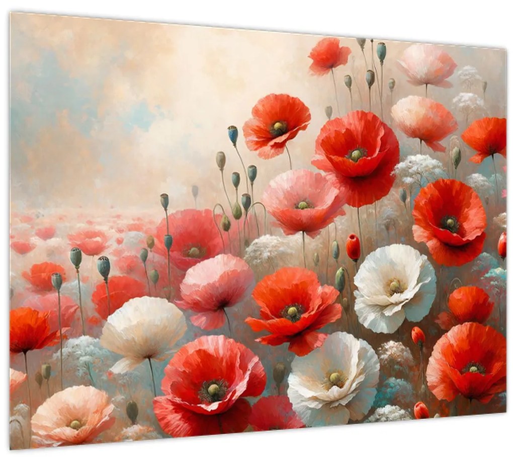 Tablou pe sticlă - Pictură cu maci (70x50 cm)