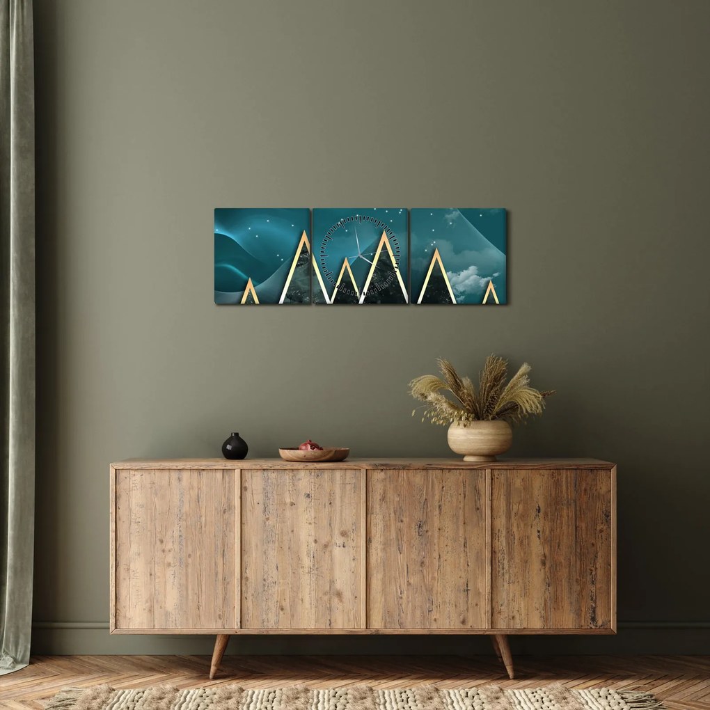 Tablou - Lună plină deasupra munțiilor aurii (cu ceas) (90x30 cm)