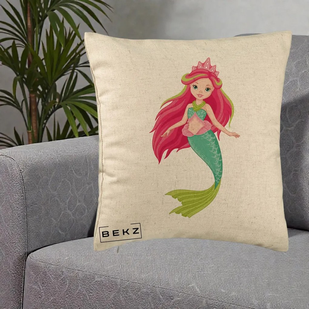 Perna Decorativa Sirena Roz cu Coroana, 40x40 cm, Bej, Husa Detasabila, Perna Inclusa, BEKZ®