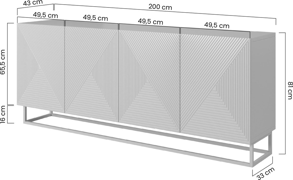 Comodă Asha 200 cm cu patru uși - negru mat / cadru negru