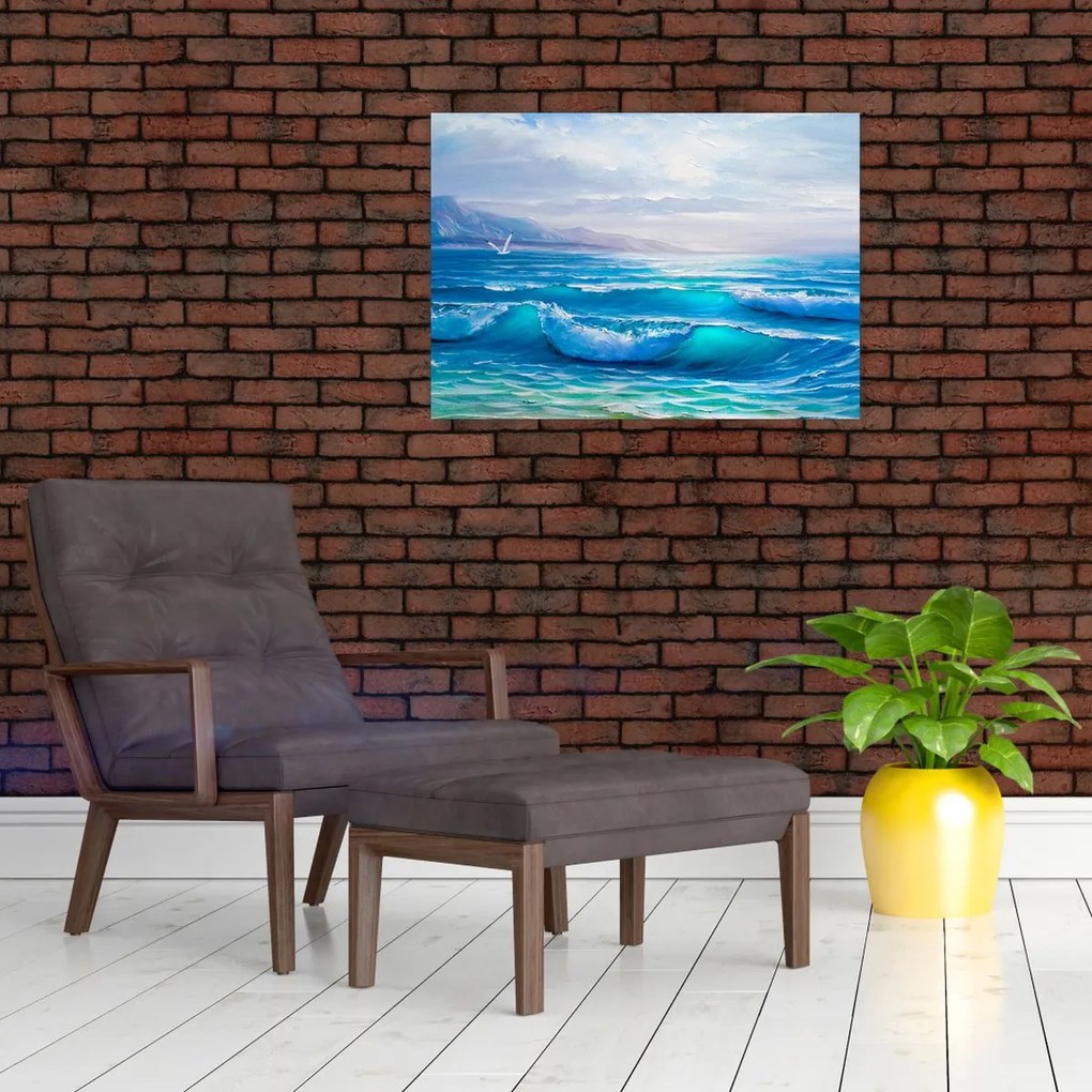 Tablou pe sticlă - Pictură în ulei de mare cu pescăruși (70x50 cm)