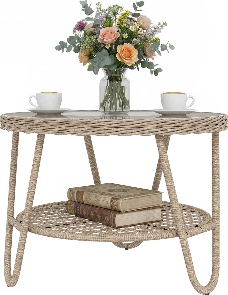 Outsunny Măsuță laterală din polyrattan, masă de cafea în 2 niveluri cu raft, blat din sticlă, picioare reglabile, 65 x 65 x 50 cm, galben | Aosom Romania