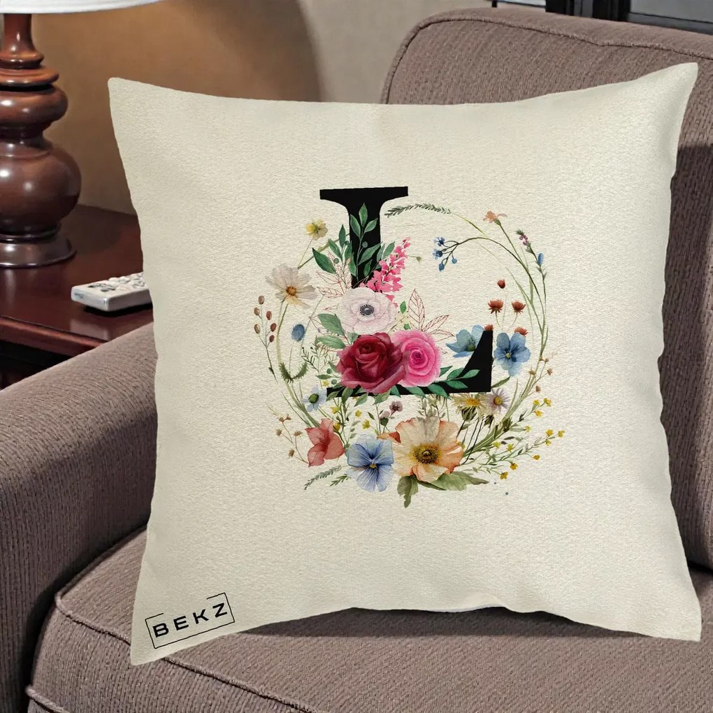 Cadou Personalizat - Perna Personalizata Monogram Litera L cu Flori Acuarela, 40x40 cm, Ecru, Husa Detasabila, Perna Inclusa, BEKZ®