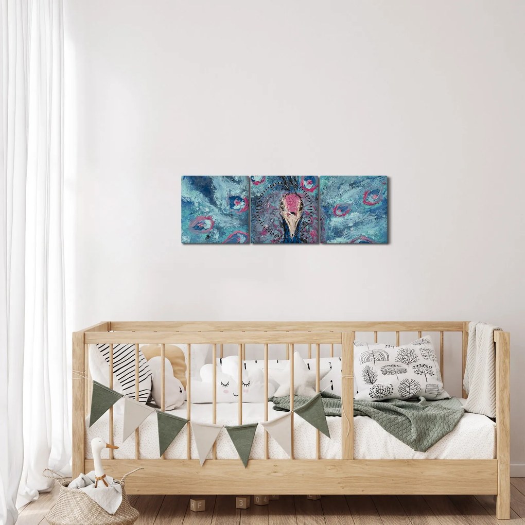 Tablou cu păun pictat (cu ceas) (90x30 cm)
