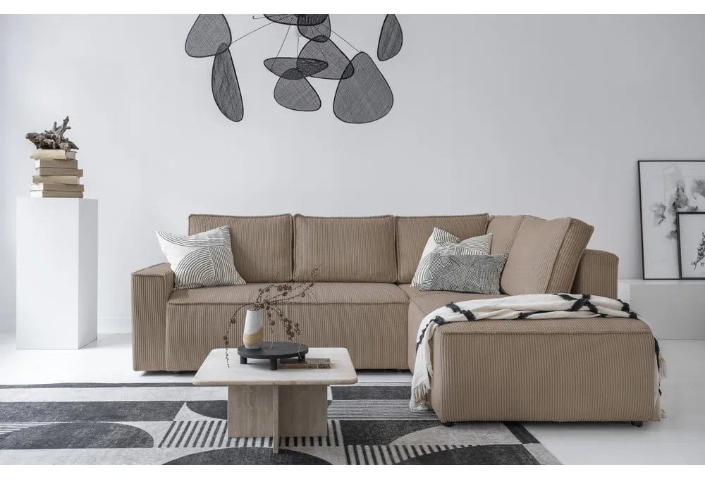 Colțar bej extensibil cu tapițerie din catifea reiată (cu colț pe partea dreaptă) Brave Dave – Miuform