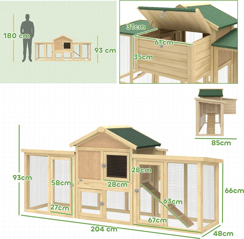PawHut Coteț pentru găini din lemn cu cuib, acoperiș impermeabil, băț de odihnă, curte, rampă, 204x85x93 cm lemn natural | Aosom Romania
