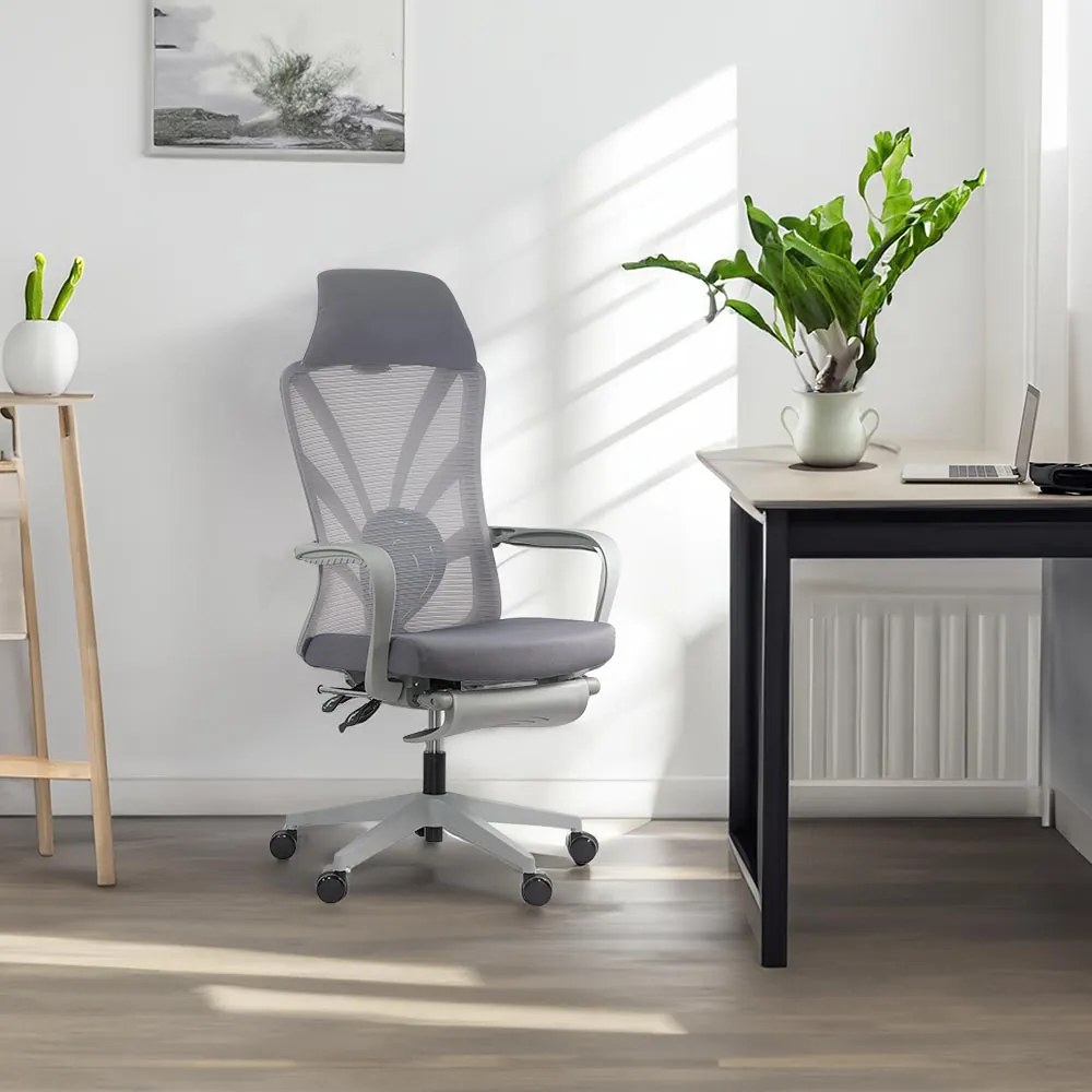 Scaun ergonomic SYYT 9512 gri, spătar rabatabil și suport picioare