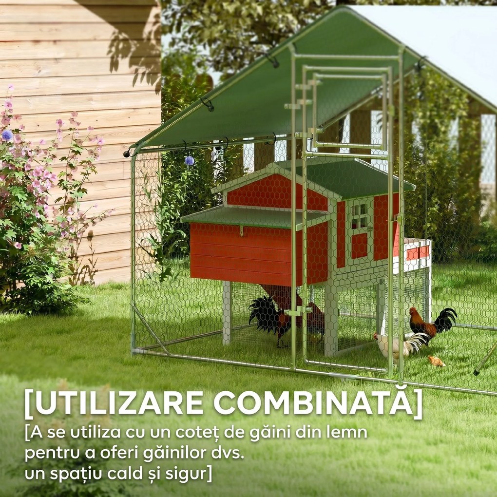 PawHut Coteț pentru Găini cu Copertină Impermeabilă și Rezistentă la UV, 300x200x195 cm, Argintiu | Aosom Romania