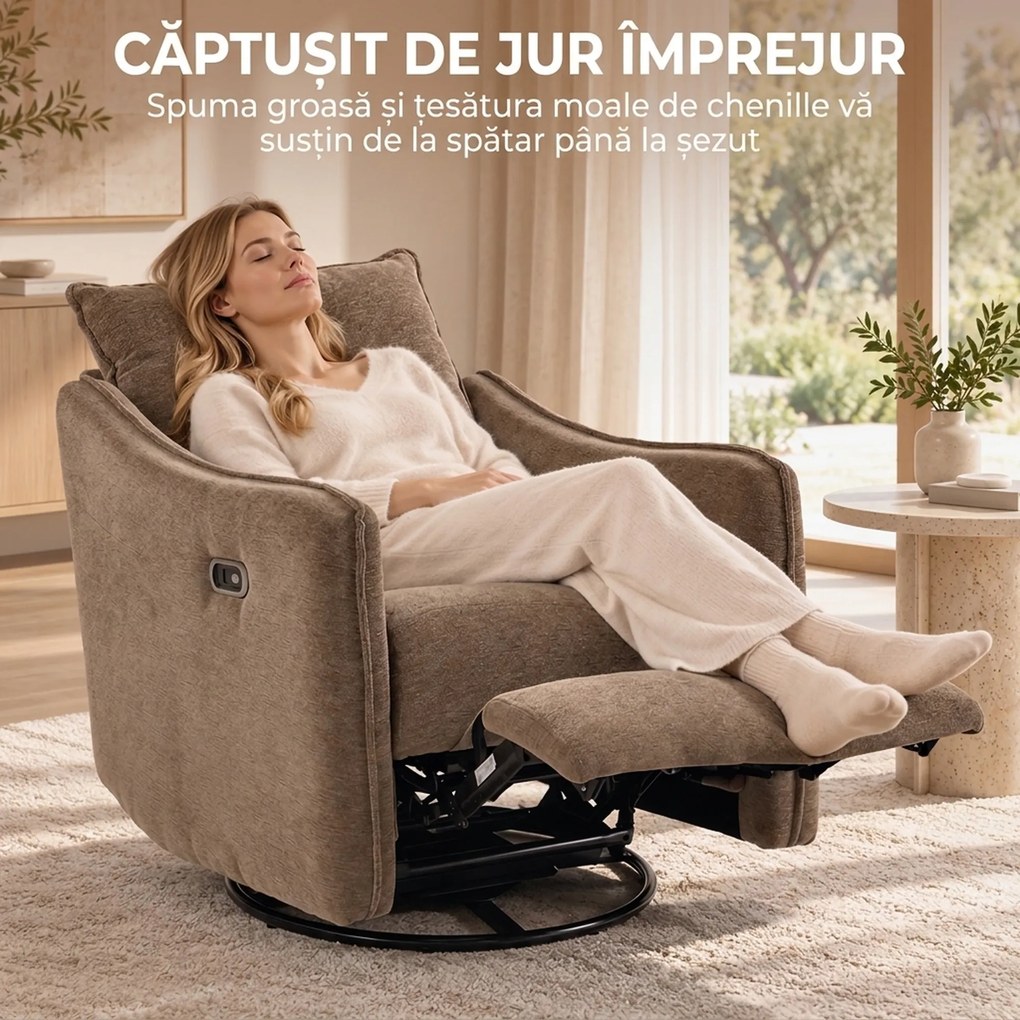 HOMCOM Fotoliu Recliner Electric 155° cu Suport pentru Picioare, Rotire 270°, Șezut Lat, Balans, Șenilă, Kaki | Aosom Romania