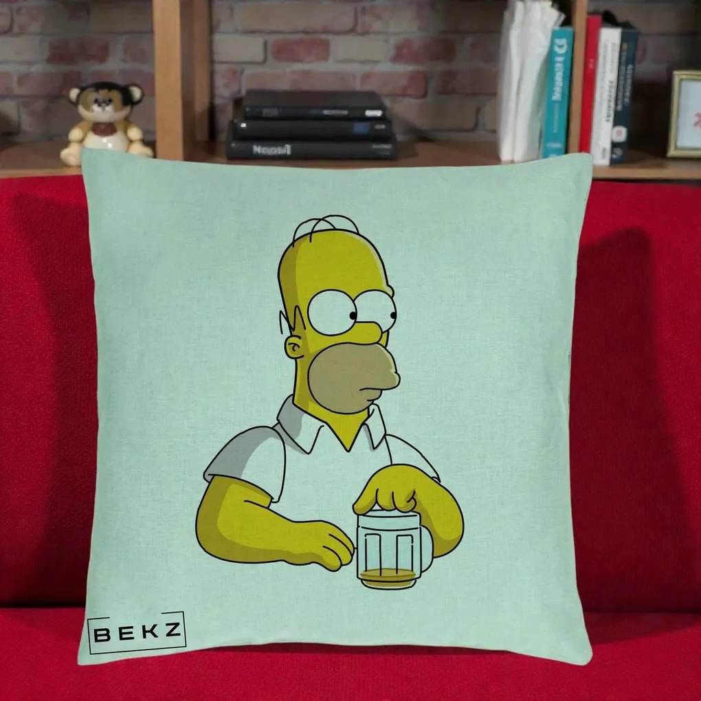 Perna Personalizata Homer Simpson cu Bere, 40x40 cm, Verde Menta, Husa Detasabila, Perna Inclusa, BEKZ®