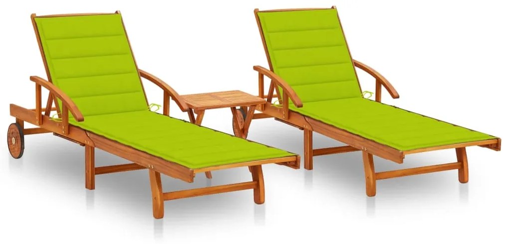 vidaXL Șezlonguri, 2 buc., cu masă și perne, lemn masiv de acacia