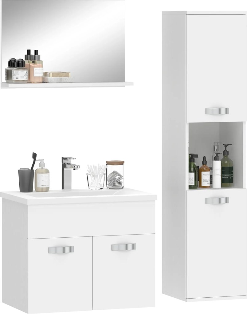 kleankin Set de mobilier pentru baie 4 piese, montat pe perete, cu oglindă, corp sub lavoar, lavoar și coloană înaltă, alb | Aosom Romania