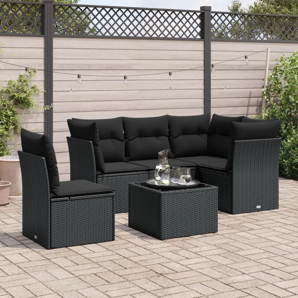 3217645 vidaXL Set mobilier de grădină cu perne, 6 piese, negru, poliratan