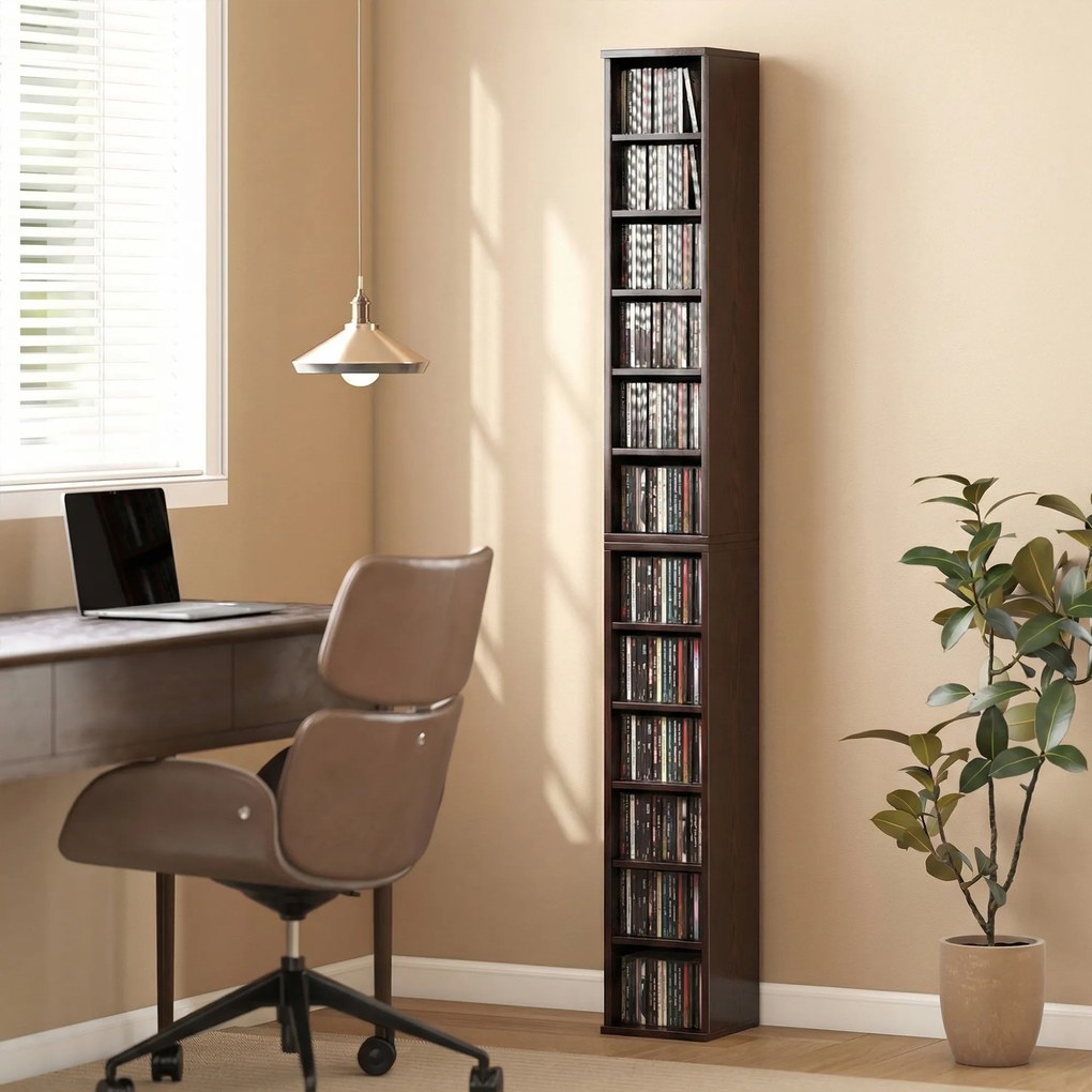 HOMCOM Set de 2 etajere coloane dulap de depozitare CD-DVD 12 compartimente 21 x 22,5 x 88,5 cm capacitate 204 CD-uri maro | Aosom Romania
