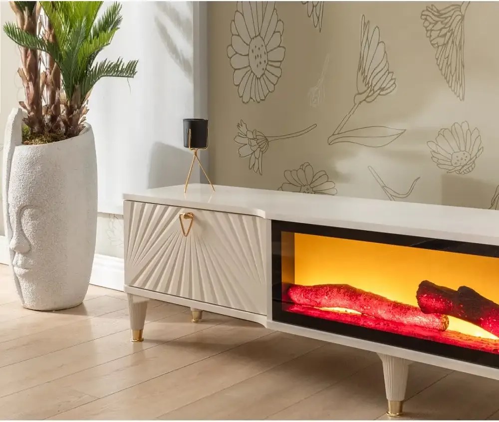 Comoda tv cu semineu Calvin, culoare bej 160 cm