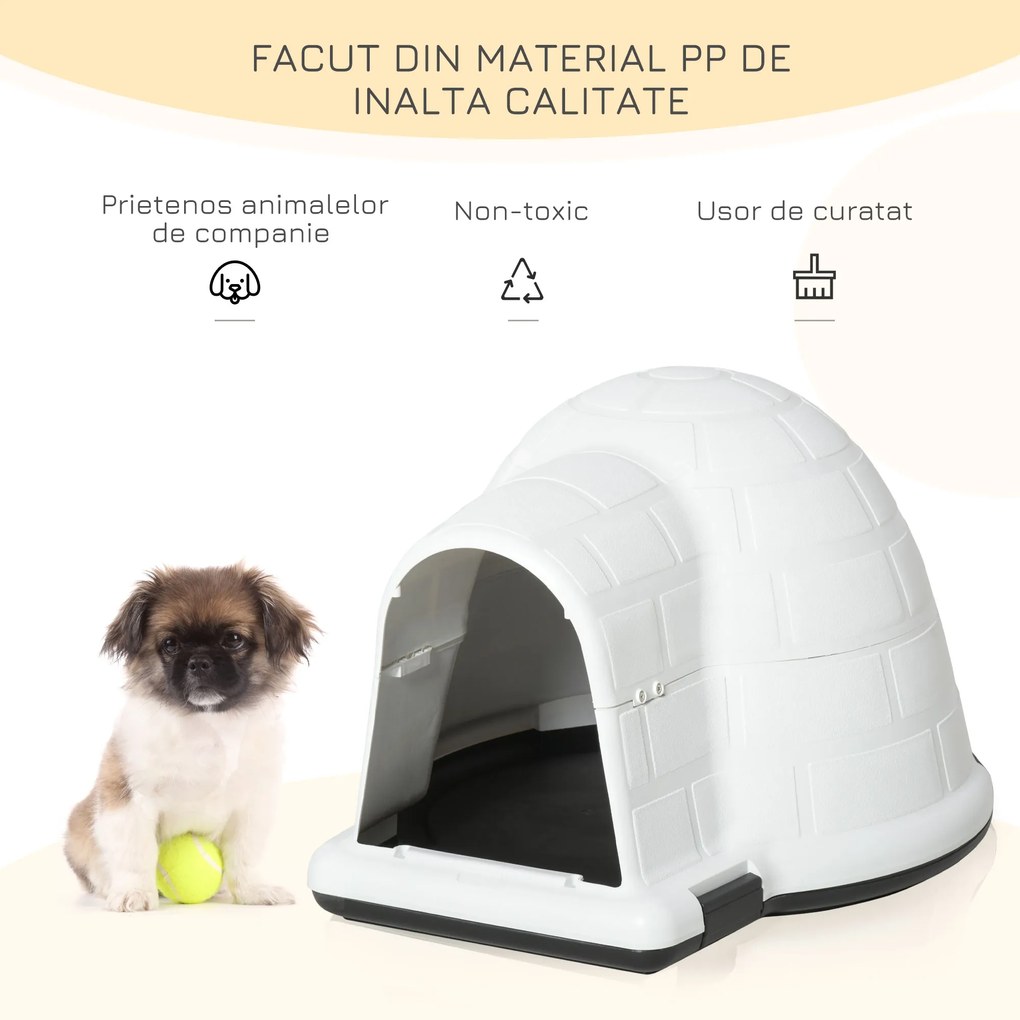 PawHut Cusca Casuta de Exterior pentru Caini de Talie Mica in Form ade Iglu cu Usa, pentru Mops, Bichon Frise, Chihuahua, 68,2x80x53cm