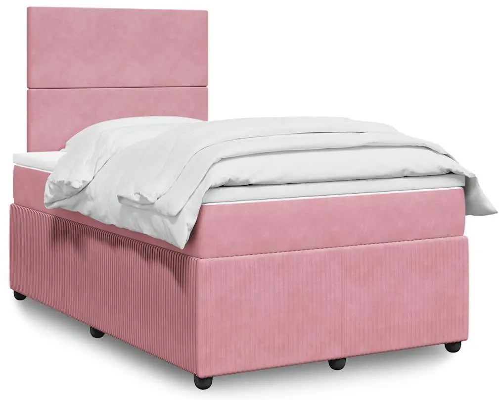 vidaXL Pat box spring cu saltea, roz, 120x200 cm, catifea