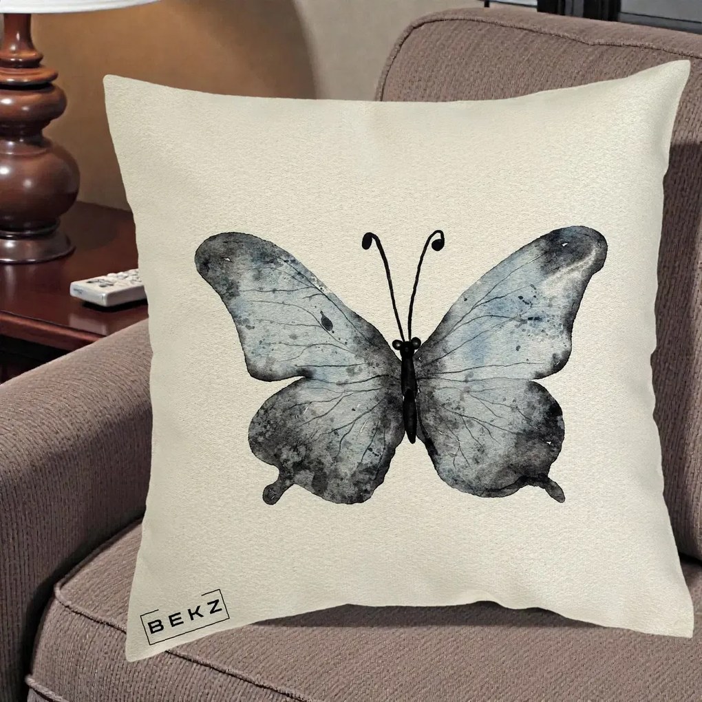 Perna Decorativa Fluture Acuarela Albastru-Gri, 40x40 cm, Ecru, Husa Detasabila, Perna Inclusa, BEKZ®