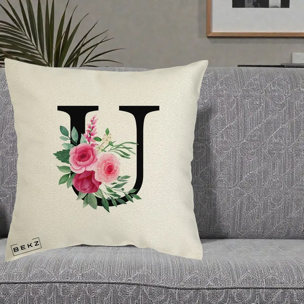 Cadou Personalizat - Perna Personalizata Monograma Florala Litera U, 40x40 cm, Ecru, Husa Detasabila, Perna Inclusa, BEKZ®