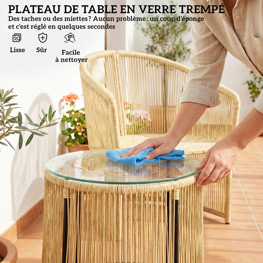 Outsunny Set de grădină exterior din rășină împletită pentru 2 persoane, masă de grădină exterioară cu 2 scaune cu perne, crem | Aosom Romania