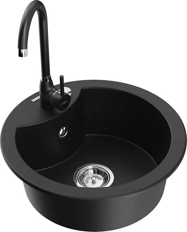 Mexen Diego chiuvetă de bucătărie din granit cu 1 compartiment și baterie Telma, negru - 6512-77-670200-70
