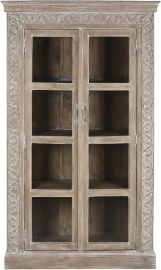 Vitrină sculptată manual din lemn masiv de mango, finisaj décapé alb, 2 uși vitrate, 3 rafturi, 120×44×210 cm, „Jaipur"