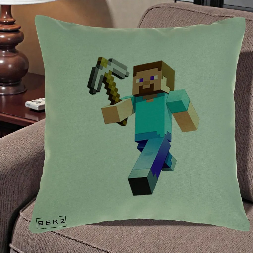Perna Personalizata Minecraft Steve cu Tarnacop, 40x40 cm, Verde, Husa Detasabila, Perna Inclusa, BEKZ®