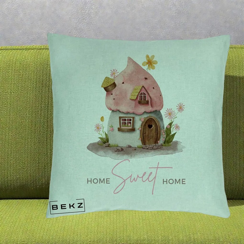 Perna Decorativa Home Sweet Home Casuta, 40x40 cm, Verde Menta, Husa Detasabila, Perna Inclusa, BEKZ®