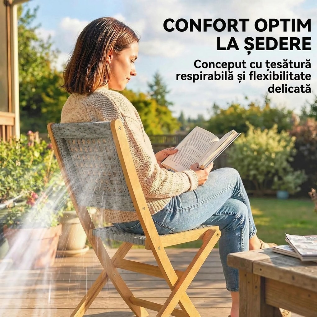 Outsunny Set de 2 Scaune de Grădină din Ratan PE, Scaune Pliabile de Exterior, Structură din Lemn de Salcâm, pentru Balcon, Terasă, Suport până la 160 kg, Gri | Aosom Romania