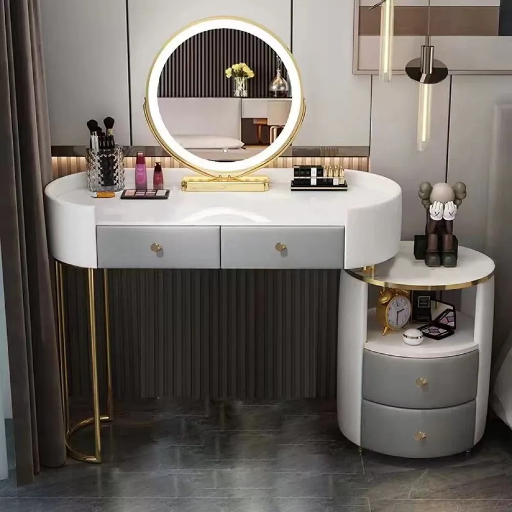 Set Anais, Masă de toaletă pentru machiaj cu oglindă iluminată LED, control touch, 4 sertare, scaun, Alb/Gri