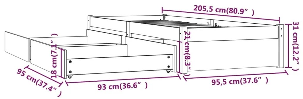 Cadru pat cu sertare, alb, 90x200 cm Alb, 90 x 200 cm