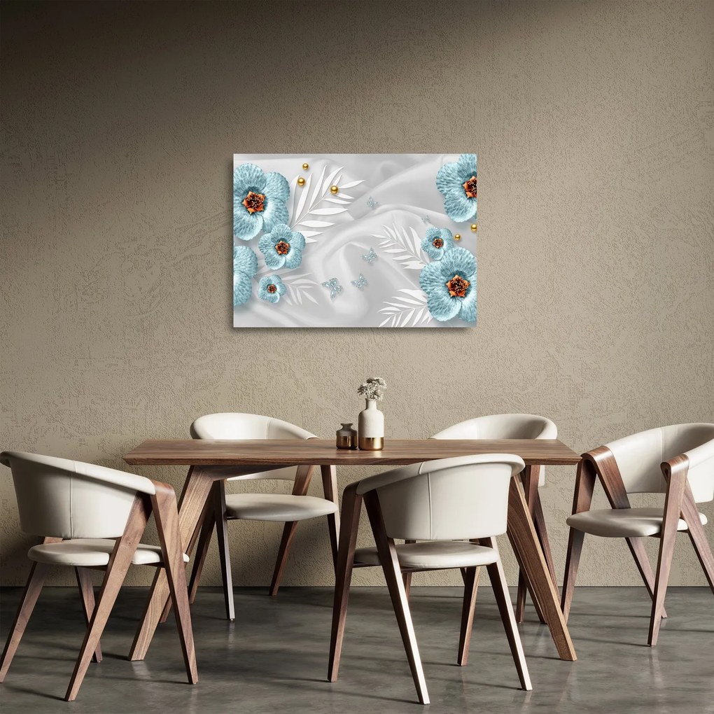 Tablou pe sticlă - 3D Flori albastre (70x50 cm)