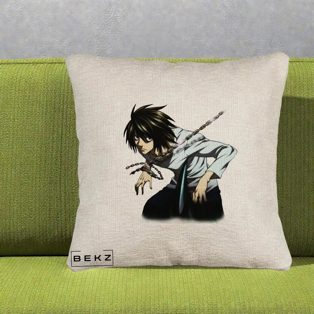 Perna Personalizata Death Note L Lawliet Lanturi, 40x40 cm, Bej Canapea, Husa Detasabila, Perna Inclusa, BEKZ®