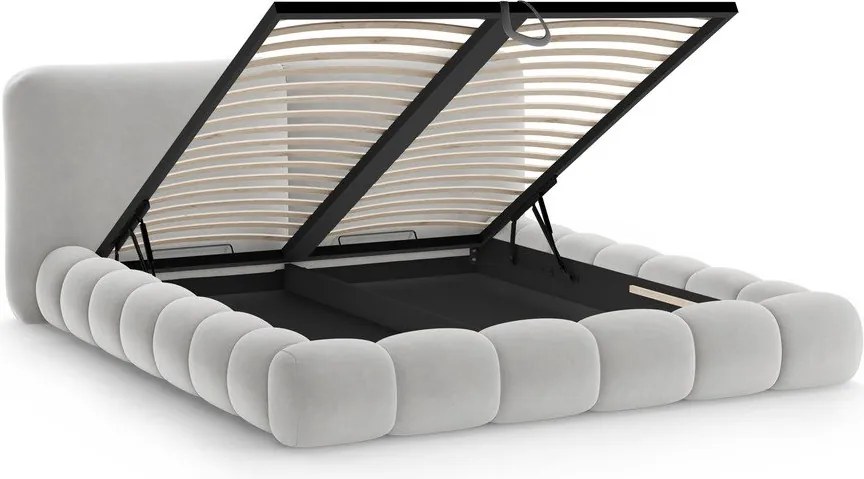 Pat matrimonial gri tapițat cu spațiu de depozitare cu somieră 200x200 cm Solange – Micadoni