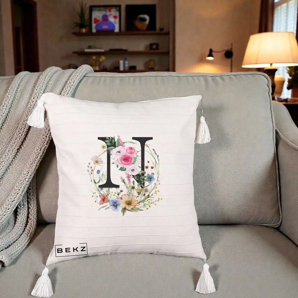 Cadou Personalizat - Perna Personalizata Monogram Litera N cu Flori Acuarela, 40x40 cm, Bej cu Franjuri, Husa Detasabila, Perna Inclusa, BEKZ®