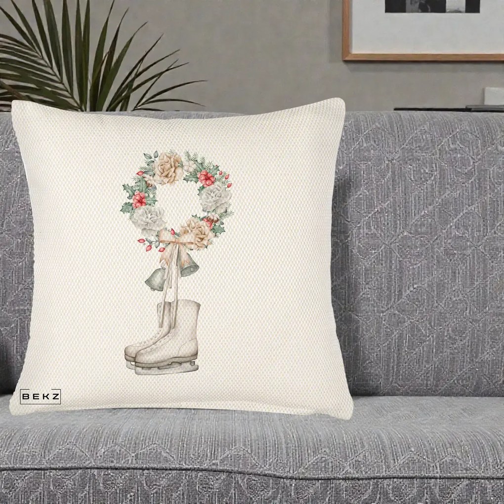 Perna Decorativa Patine cu Coroana Florala de Craciun, 40x40 cm, Crem Reliefat, Husa Detasabila, Perna Inclusa, BEKZ®