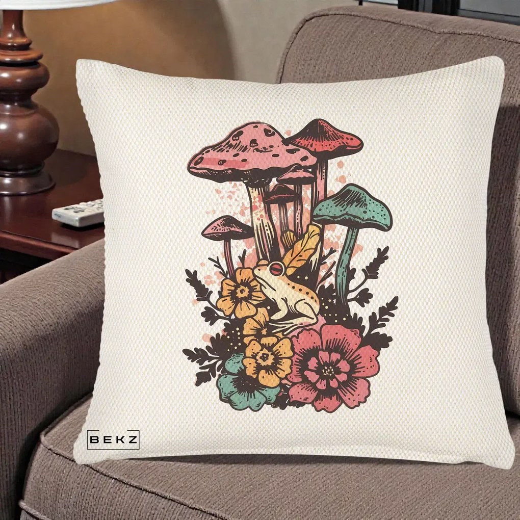 Perna Decorativa Ciuperci si Broaste Boho, 40x40 cm, Crem Reliefat, Husa Detasabila, Perna Inclusa, BEKZ®
