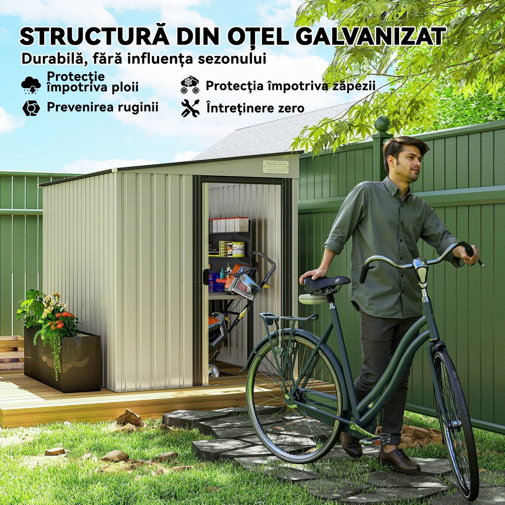 Outsunny Căsuță din Oțel pentru Grădină cu Bază, Magazie cu Ușă Glisantă, 154x206.5x160/181 cm, Alb | Aosom Romania