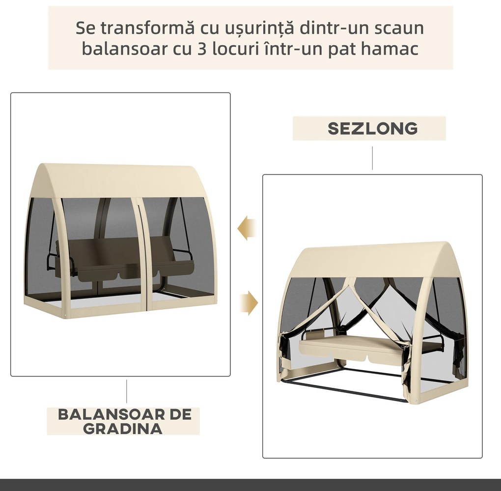 Outsunny Balansoar de Grădină 2-în-1 Convertibil în Pat cu Perne, Husă și Plasă de Țânțari, 240x140x197 cm, Cafeniu | Aosom Romania