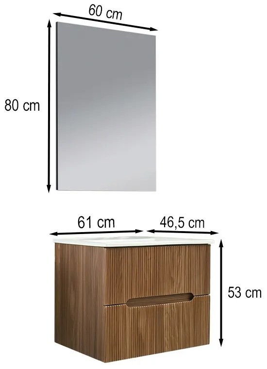 Mobilier de baie Trent 60 cm cu chiuvetă ceramică (2 sertare) și oglindă 60x80 cm stejar apus de soare