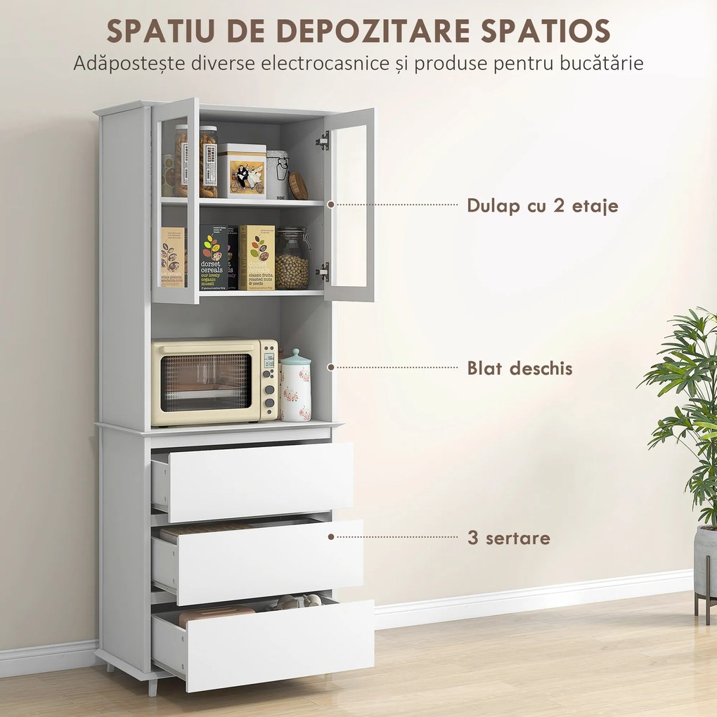 HOMCOM Bufet cu Cabină, Dulap de Bucătărie Independent cu Uși de Sticlă, 3 Sertare și Raft Reglabil, 68x38x172 cm, Alb | Aosom Romania