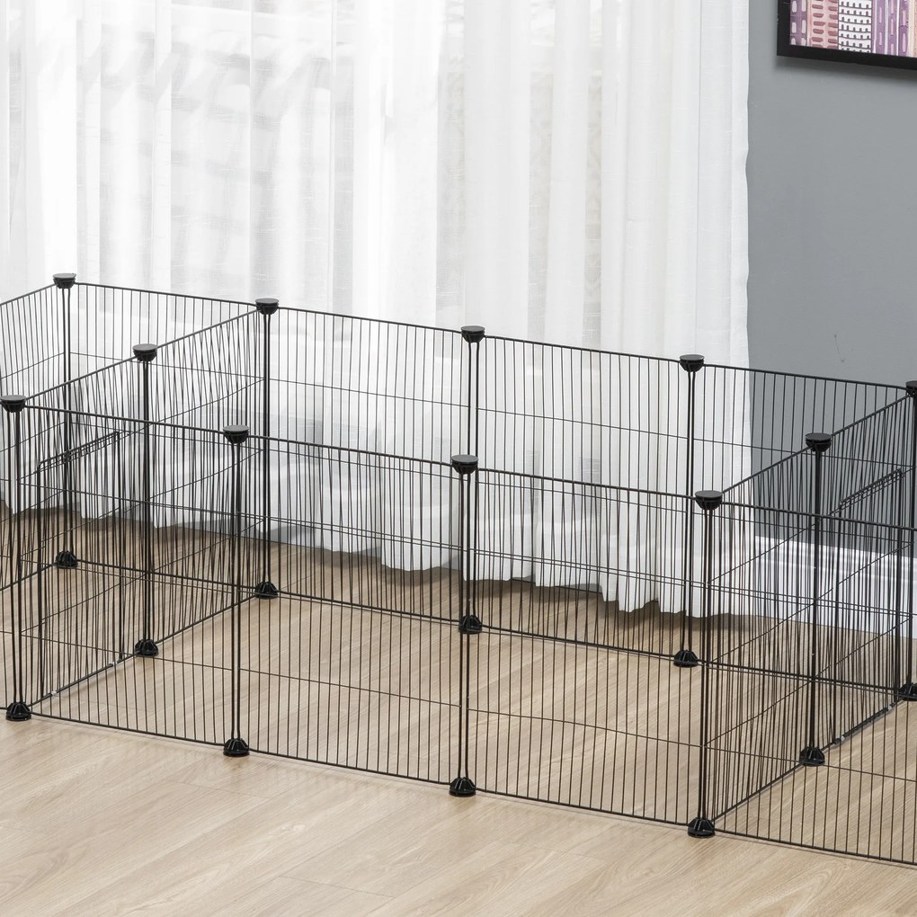 PawHut Cusca pentru Animale Mici, Tarc Modular din 18 Piese, Oțel, 175x70x45 cm | Aosom Romania