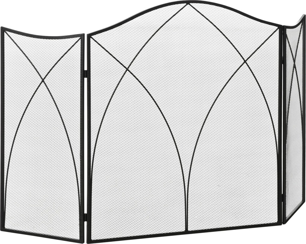 HOMCOM Parascântei pentru Șemineu din 3 Părți Pliabil cu Decorațiuni, Paravan de Protecție din Metal, 126x2x76 cm, Negru | Aosom Romania